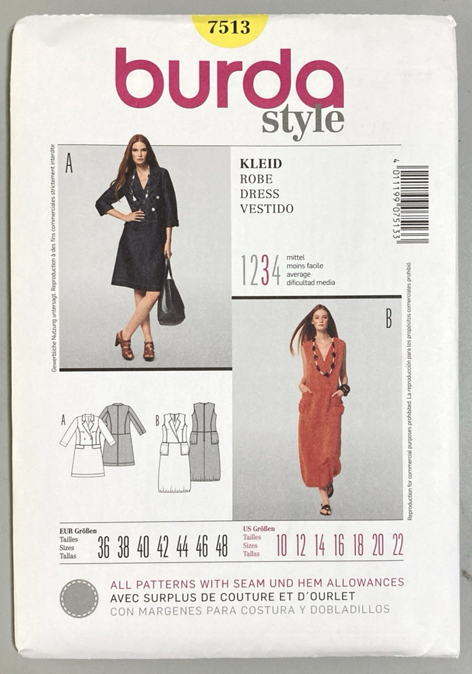 Burda Style 7513 Misses Dresses Classic Sporty or Casual Trendy Sz 10-22 UNCUT
